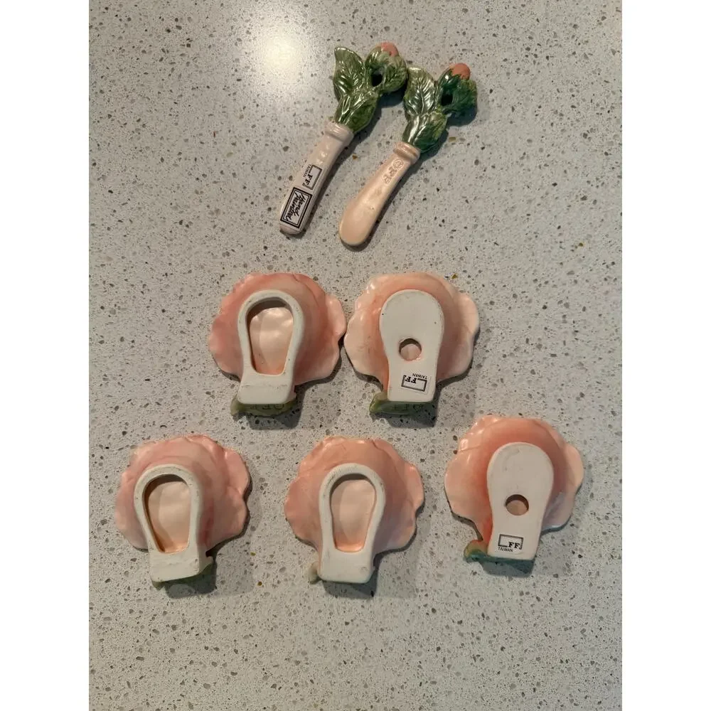 Fitz and Floyd Pink Rose Canape Dish Set with Spreader Knives 7 Piece